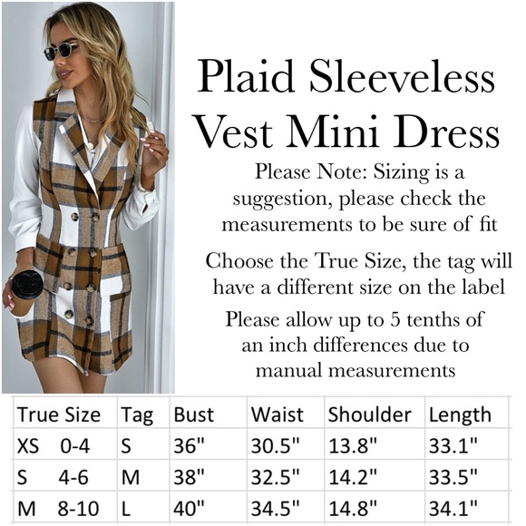 Double Breasted Brown Plaid Vest Button Down Mini Dress - Picture 16 of 16
